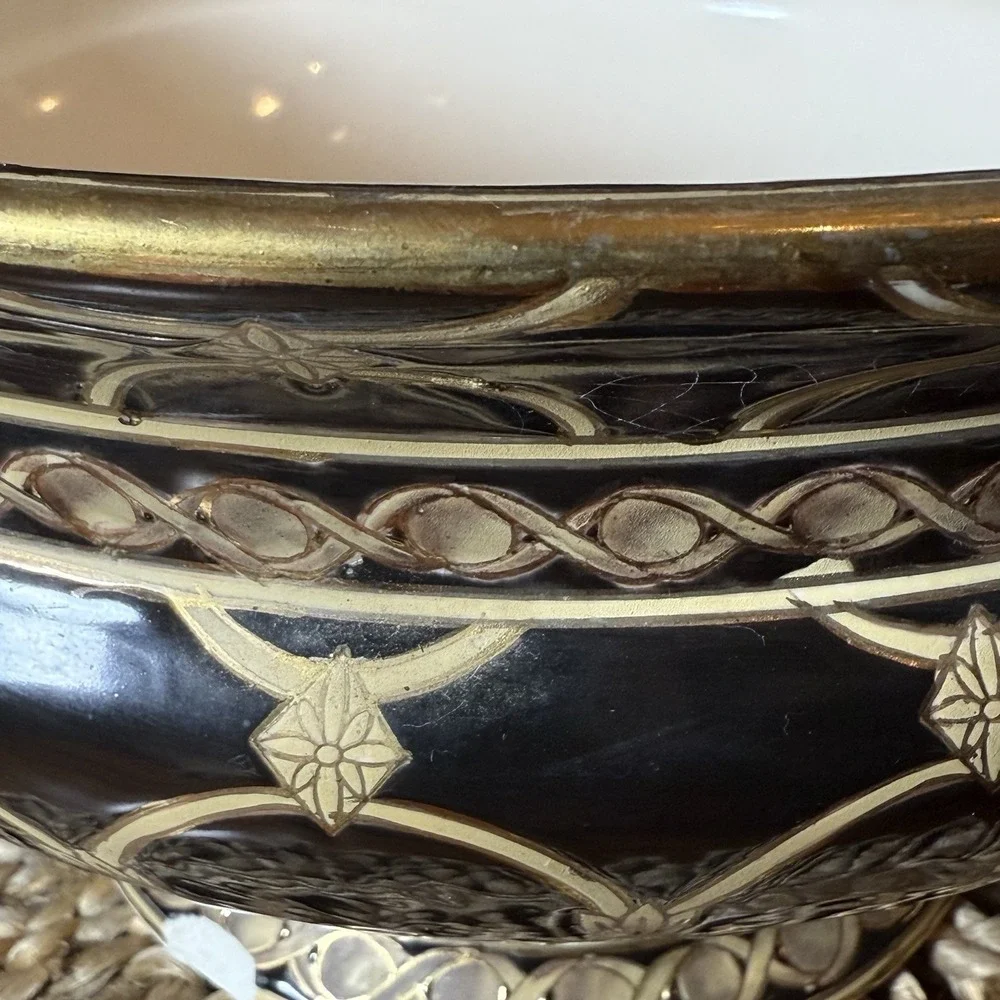 Asian Footed Pedestal Bowl Black & Gold Hand Painted Geometric Planter 12.5